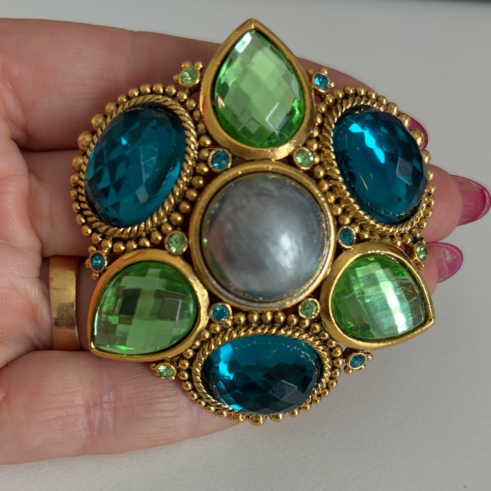 Joan Rivers classics Collection Gold Maltese Brooch with Green and Blue Gems